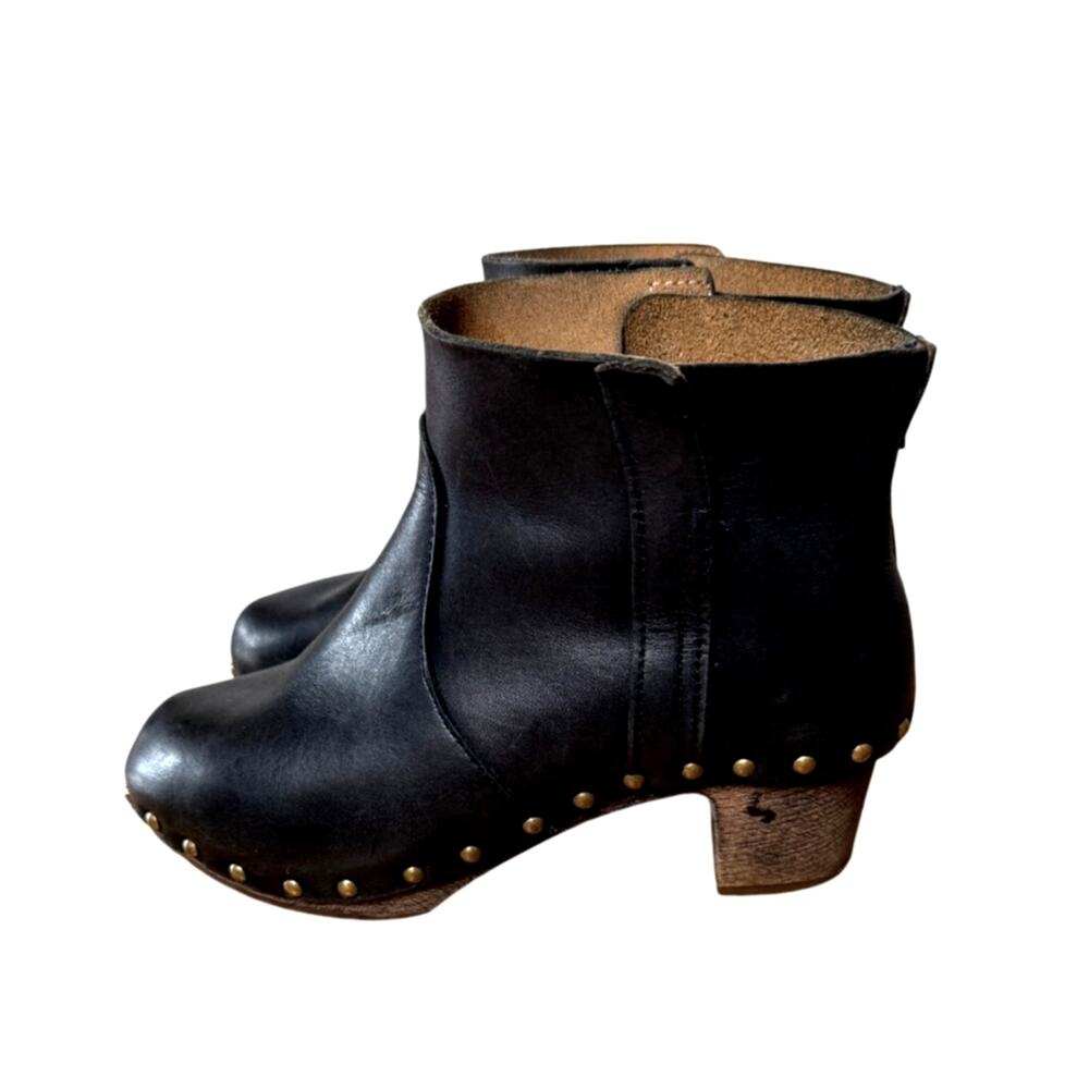 VNTG Handmade Leather Clog Boots Studded Wood Block Platform Heel Boho Black 8 - Picture 2 of 6